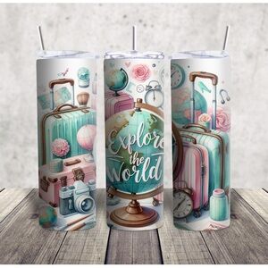 Hand Crafted Travel-Themed Tumbler - Pink, Blue, and White
